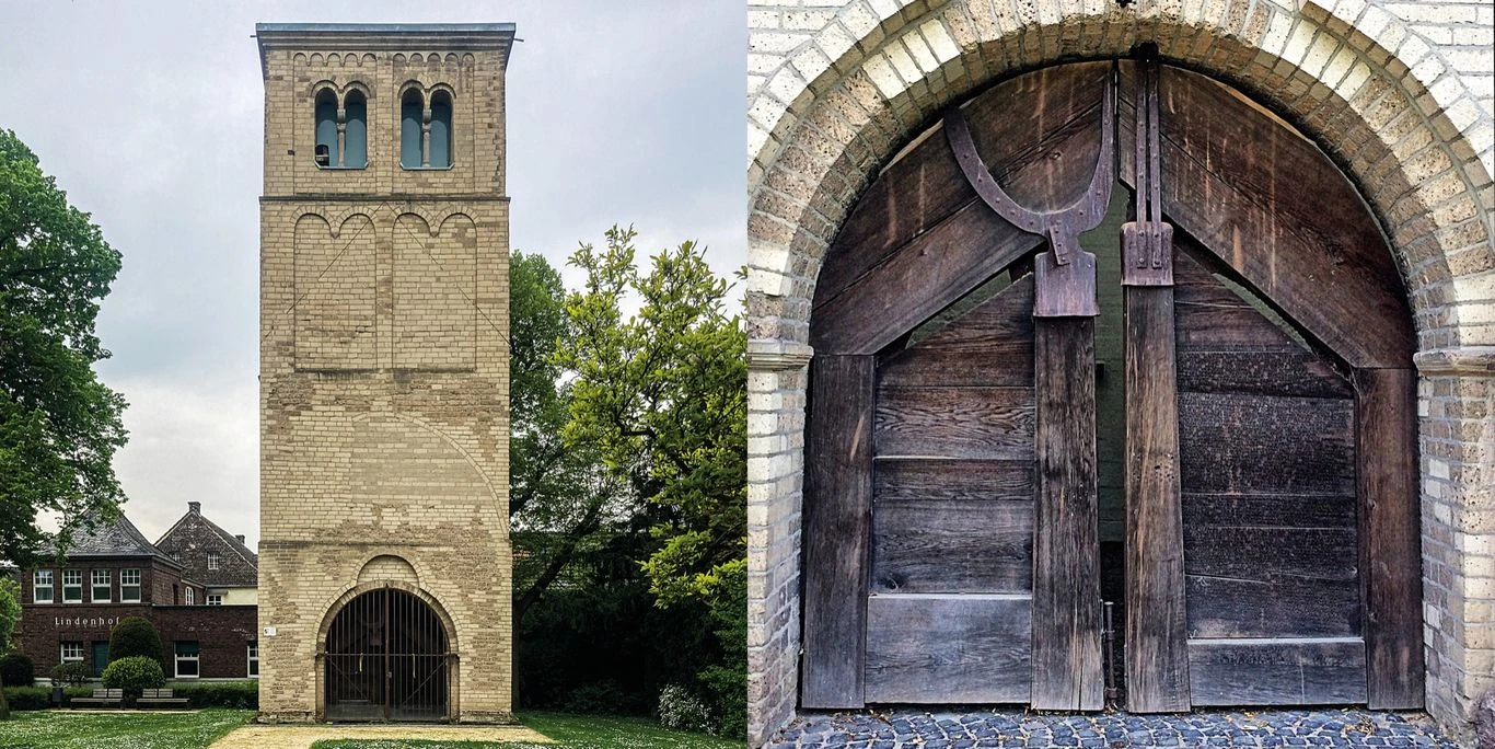 Ausgangspunkt: Kirchturm und Eichenholztor in Meerbusch-Büderich