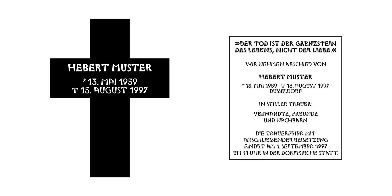 Entwurf für ein Grabzeichen: Name, Daten und Inschrift